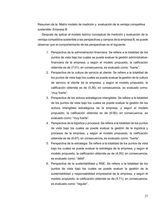 37
Resumen de la Matriz modelo de medición y evaluación de la ventaja competitiva
sostenible: Empresa B
Después de aplicar el modelo teórico conceptual de medición y evaluación de la
ventaja competitiva sostenible a las perspectivas y campos de la empresa B, se puede
observar que el comportamiento de las perspectivas es el siguiente:
1. Perspectiva de la administración financiera: Se refiere a la totalidad de los
puntos de vista bajo los cuales se puede evaluar la gestión administrativa-
financiera de la empresa, y según el modelo propuesto, la calificación
obtenida es de (7.01); en consecuencia, es evaluado como: “fuerte”.
2. Perspectiva de la cultura de servicio al cliente: Se refiere a la totalidad de
los puntos de vista bajo los cuales se puede evaluar la gestión de la cultura
de servicio al cliente de la empresa, y según el modelo propuesto, la
calificación obtenida es de (9.36); en consecuencia, es evaluado como:
“muy fuerte”.
3. Perspectiva de los activos estratégicos intangibles: Se refiere a la totalidad
de los puntos de vista bajo los cuales se puede evaluar la gestión de los
activos intangibles estratégicos de la empresa, y según el modelo
propuesto, la calificación obtenida es de (8.06); en consecuencia, es
evaluado como: “muy fuerte”.
4. Perspectiva de la logística y procesos: Se refiere a la totalidad de los puntos
de vista bajo los cuales se puede evaluar la gestión de la logística y
procesos de la empresa, y según el modelo propuesto, la calificación
obtenida es de (6.67); en consecuencia, es evaluado como: “fuerte”.
5. Perspectiva de la estrategia: Se refiere a la totalidad de los puntos de vista
bajo los cuales se puede evaluar la estrategia de la empresa, y según el
modelo propuesto, la calificación obtenida es de (4.00); en consecuencia,
es evaluado como: “débil”.
6. Perspectiva de la sustentabilidad y RSE: Se refiere a la totalidad de los
puntos de vista bajo los cuales se puede evaluar la gestión de la
sustentabilidad y responsabilidad empresarial de la empresa, y según el
modelo propuesto, la calificación obtenida es de (5.71); en consecuencia,
es evaluado como: “regular”.
 