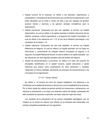 42
 Capital humano de la empresa, se refiere a las actitudes, experiencias, y
capacidades o competencias de las personas que conforman la organización y que
están alineadas con la visión y misión de ésta y que son capaces de generar
producir bienes y servicios y de generar ventajas competitivas para la
organización;
 Capital estructural: Compuesto por dos sub capitales, el primero (a) Capital
Organizativo, el cual se refiere a el capital asociado al ámbito estructural de los
diseños, procesos, cultura organizativa; y el segundo (b) Capital Tecnológico, el
cual se refiere a los esfuerzos en I + D, el uso de la dotación tecnológica y los
resultados de la citada I + D;
 Capital relacional: Compuesto por dos sub capitales, el primero (a) Capital
Relacional de Negocio, el cual se refiere a el capital asociado con los flujos de
información y conocimiento de carácter externo vinculados al negocio, y el
segundo, (b) Capital Relacional Social, el cual se refiere a el capital asociado con
las relaciones con otros agentes sociales fuera del ámbito del negocio;
 Capital de emprendimiento e innovación, se refiere a el valor del conjunto de
intangibles identificados en el capital humano, capital estructural y capital
relacional que actúan como aceleradores de otros elementos y variables
integrados en dichos capitales, generando los procesos de emprendimiento y de
innovación en la organización.
5.1.3.2 Campo valores.
Se refiere a la manera de como los valores establecen una diferencia y se
manifiestan en la calidad del producto y del servicio y en la rentabilidad de la empresa.
Por lo tanto, desde los valores se genera sentido de compromiso y pertenencia y se
refuerza la participación y se logra una autentica cultura de trabajo, perpetrada del
afán constante de aprender a aprender, de hacer cada día mejor las cosas.
Las variables de la perspectiva de los activos intangibles estratégicos que se
integran en el campo los valores que influyen en la empresa para desarrollar una
ventaja competitiva sostenible son las siguientes:
 