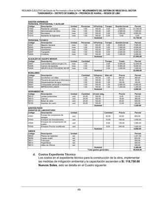 RESUMEN EJECUTIVO del Estudio de Pre Inversión a Nivel de Perfil: “MEJORAMIENTO DEL SISTEMA DE RIEGO EN EL SECTOR
TUNSHUMARCA – DISTRITO DE SUMBILCA – PROVINCIA DE HUARAL – REGION DE LIMA”
49
d. Costos Expediente Técnico
Los costos en el expediente técnico para la construcción de la obra, implementar
las medidas de mitigación ambiental y la capacitación ascienden a S/. 118,750.00
Nuevos Soles, esto se detalla en el Cuadro siguiente:
GASTOS VARIABLES
PERSONAL PROFESIONAL Y AUXILIAR
Código Descripción Unidad Personas %Particip. Tiempo Sueldo/Jornal Parcial
01003 Residente principal mes 1.00 100.00 3.00 7,250.00 21,750.00
01006 Administrador de Obra mes 1.00 100.00 3.00 2,500.00 7,500.00
01007 Secretaria mes 1.00 100.00 3.00 1,500.00 4,500.00
01010 Asistente de Ingenieria mes 1.00 100.00 0.00 0.00 0.00
Subtotal 33,750.00
PERSONAL TECNICO
Código Descripción Unidad Personas %Particip. Tiempo Sueldo/Jornal Parcial
02001 Maestro General mes 1.00 100.00 3.00 2,500.00 7,500.00
02003 Almacenero mes 1.00 100.00 3.00 1,500.00 4,500.00
02006 Guardianes mes 1.00 100.00 3.00 1,500.00 4,500.00
02007 Topografo mes 1.00 100.00 3.00 2,000.00 6,000.00
02009 Choferes mes 1.00 100.00 3.00 1,500.00 4,500.00
Subtotal 27,000.00
ALQUILER DE EQUIPO MENOR
Código Descripción Unidad Cantidad Tiempo Costo Parcial
03001 Camioneta Cabina simple 2 tn. mes 1.00 3.00 4,000.00 12,000.00
03006 Camion de baranda mes 1.00 2.00 4,500.00 9,000.00
03008 GRUPO ELECTROGENO 89 HP 50 KWmes 0.50 2.00 1,000.00 1,000.00
Subtotal 22,000.00
MOBILIARIO
Código Descripción Cantidad %Deprec. Vida util Precio Parcial
05001 Escritorios con sillas 1.00 100.00 1.00 280.00 280.00
05005 Pizzarra de avances e informacion 1.00 100.00 1.00 50.00 50.00
05006 Dispensadores de agua 1.00 100.00 1.00 150.00 150.00
05007 Computador personal e impresora 1.00 100.00 1.00 2,000.00 2,000.00
05009 IMPRESORA LASER 1.00 100.00 1.00 1,200.00 1,200.00
Subtotal 3,680.00
HERRAMIENTAS
Código Descripción Unidad Cantidad %Costo asig. Precio Parcial
06012 Lentes protectores und 20.00 100.00 6.00 120.00
06013 Cascos und 20.00 100.00 18.00 360.00
06014 Botas de Jebe und 20.00 100.00 25.00 500.00
06100 Guantes de cuero und 20.00 100.00 12.00 240.00
Subtotal 1,220.00
GASTOS FIJOS
ENSAYOS DE LABORATORIO
Código Descripción Unidad Cantidad Precio Parcial
07001
Ensayo de compresion de
testigos
und 40.00 20.00 800.00
07003 Ensayos de Granulometria und 10.00 100.00 1,000.00
07004
Ensayos de compactacion de
suelos
und 8.00 135.00 1,080.00
07005 Ensayos Proctor modificado und 8.00 240.00 1,920.00
Subtotal 4,800.00
VARIOS
Código Descripción Unidad Parcial
08004 Planos de replanteo est 1,241.46
08006 Copias ozalid est 600.00
08011 Fotocopia est 500.00
08012 Papel Bond est 500.00
08013 Utiles de Oficina est 546.64
Subtotal 3,388.09
Total gastos generales 95,838.09
"MEJORAMIENTO DEL SERVICIO DE AGUA PARA EL SISTEMA DE RIEGO DE TOMA A CUCURUHUAY EN EL CENTRO
POBLADO DE MARCO, DEL DISTRITO DE HUAMANTANGA - CANTA"
GASTOS GENERALES
 