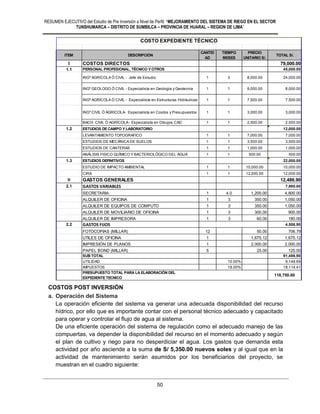 RESUMEN EJECUTIVO del Estudio de Pre Inversión a Nivel de Perfil: “MEJORAMIENTO DEL SISTEMA DE RIEGO EN EL SECTOR
TUNSHUMARCA – DISTRITO DE SUMBILCA – PROVINCIA DE HUARAL – REGION DE LIMA”
50
COSTOS POST INVERSIÓN
a. Operación del Sistema
La operación eficiente del sistema va generar una adecuada disponibilidad del recurso
hídrico, por ello que es importante contar con el personal técnico adecuado y capacitado
para operar y controlar el flujo de agua al sistema.
De una eficiente operación del sistema de regulación como el adecuado manejo de las
compuertas, va depender la disponibilidad del recurso en el momento adecuado y según
el plan de cultivo y riego para no desperdiciar el agua. Los gastos que demanda esta
actividad por año asciende a la suma de S/ 5,350.00 nuevos soles y al igual que en la
actividad de mantenimiento serán asumidos por los beneficiarios del proyecto, se
muestran en el cuadro siguiente:
ITEM DESCRIPCIÓN
CANTID
AD
TIEMPO
MESES
PRECIO
UNITARIO S/.
TOTAL S/.
I COSTOS DIRECTOS 79,000.00
1.1 PERSONAL PROFESIONAL, TÉCNICO Y OTROS 45,000.00
INGº AGRICOLA Ó CIVIL - Jefe de Estudio 1 3 8,000.00 24,000.00
INGº GEOLOGO Ó CIVIL - Especialista en Geologia y Geotecnia 1 1 8,000.00 8,000.00
INGº AGRÍCOLA Ó CIVIL - Especialista en Estructuras Hidráulicas 1 1 7,500.00 7,500.00
INGº CIVIL Ó AGRICOLA- Especialista en Costos y Presupuestos 1 1 3,000.00 3,000.00
BACH. CIVIL Ó AGRÍCOLA - Especialista en Dibujos CAD 1 1 2,500.00 2,500.00
1.2 ESTUDIOS DE CAMPO Y LABORATORIO 12,000.00
LEVANTAMIENTO TOPOGRAFICO 1 1 7,000.00 7,000.00
ESTUDIOS DE MECÁNICA DE SUELOS 1 1 3,500.00 3,500.00
ESTUDIOS DE CANTERAS 1 1 1,000.00 1,000.00
ANÁLISIS FISICO QUÍMICO Y BACTERIOLÓGICO DEL AGUA 1 1 500.00 500.00
1.3 ESTUDIOS DEFINITIVOS 22,000.00
ESTUDIO DE IMPACTO AMBIENTAL 1 1 10,000.00 10,000.00
CIRA 1 1 12,000.00 12,000.00
II GASTOS GENERALES 12,486.90
2.1 GASTOS VARIABLES 7,980.00
SECRETARIA 1 4.0 1,200.00 4,800.00
ALQUILER DE OFICINA 1 3 350.00 1,050.00
ALQUILER DE EQUIPOS DE COMPUTO 1 3 350.00 1,050.00
ALQUILER DE MOVILIARIO DE OFICINA 1 3 300.00 900.00
ALQUILER DE IMPRESORA 1 3 60.00 180.00
2.2 GASTOS FIJOS 4,506.90
FOTOCOPIAS (MILLAR) 12 50.00 706.79
UTILES DE OFICINA 1 1,675.12 1,675.12
IMPRESIÓN DE PLANOS 1 2,000.00 2,000.00
PAPEL BOND (MILLAR) 5 25.00 125.00
SUB TOTAL 91,486.90
UTILIDAD 10.00% 9,148.69
IMPUESTOS 18.00% 18,114.41
PRESUPUESTO TOTAL PARA LA ELABORACIÓN DEL
EXPEDIENTE TECNICO
118,750.00
COSTO EXPEDIENTE TÉCNICO
 