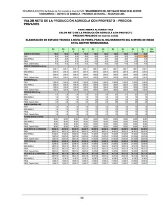 RESUMEN EJECUTIVO del Estudio de Pre Inversión a Nivel de Perfil: “MEJORAMIENTO DEL SISTEMA DE RIEGO EN EL SECTOR
TUNSHUMARCA – DISTRITO DE SUMBILCA – PROVINCIA DE HUARAL – REGION DE LIMA”
58
VALOR NETO DE LA PRODUCCIÓN AGRICOLA CON PROYECTO – PRECIOS
PRIVADOS
Año Año Año Año Año Año Año Año Año Año Valor
1 2 3 4 5 6 7 8 9 10 Actual
NUMERO DE HECTAREAS 166.00 166.00 166.00 166.00 166.00 166.00 166.00 166.00 166.00 166.00
PAPA 49.00 49.00 49.00 49.00 49.00 49.00 49.00 49.00 49.00 49.00
MAIZ AMARILLO 35.00 35.00 35.00 35.00 35.00 35.00 35.00 35.00 35.00 35.00
FRIJOL 41.00 41.00 41.00 41.00 41.00 41.00 41.00 41.00 41.00 41.00
FRIJOL (Campaña Chica) 41.00 41.00 41.00 41.00 41.00 41.00 41.00 41.00 41.00 41.00
COSTO DE PRODUCCION./ha (S/./ha)
PAPA 5,565.11 5,565.11 5,565.11 5,565.11 5,565.11 5,565.11 5,565.11 5,565.11 5,565.11 5,565.11
MAIZ AMARILLO 3,097.75 3,097.75 3,097.75 3,097.75 3,097.75 3,097.75 3,097.75 3,097.75 3,097.75 3,097.75
FRIJOL 2,592.03 2,592.03 2,592.03 2,592.03 2,592.03 2,592.03 2,592.03 2,592.03 2,592.03 2,592.03
FRIJOL (Campaña Chica) 2,592.03 2,592.03 2,592.03 2,592.03 2,592.03 2,592.03 2,592.03 2,592.03 2,592.03 2,592.03
RENDIMIENTO (kg/ha)
PAPA 11,400.00 11,400.00 11,400.00 11,400.00 11,400.00 11,400.00 11,400.00 11,400.00 11,400.00 11,400.00
MAIZ AMARILLO 4,560.00 4,560.00 4,560.00 4,560.00 4,560.00 4,560.00 4,560.00 4,560.00 4,560.00 4,560.00
FRIJOL 1,920.00 1,920.00 1,920.00 1,920.00 1,920.00 1,920.00 1,920.00 1,920.00 1,920.00 1,920.00
FRIJOL (Campaña Chica) 1,920.00 1,920.00 1,920.00 1,920.00 1,920.00 1,920.00 1,920.00 1,920.00 1,920.00 1,920.00
PRECIO DE VENTA (S/. kg)
PAPA 0.75 0.75 0.75 0.75 0.75 0.75 0.75 0.75 0.75 0.75
MAIZ AMARILLO 1.00 1.00 1.00 1.00 1.00 1.00 1.00 1.00 1.00 1.00
FRIJOL 2.90 2.90 2.90 2.90 2.90 2.90 2.90 2.90 2.90 2.90
FRIJOL (Campaña Chica) 2.90 2.90 2.90 2.90 2.90 2.90 2.90 2.90 2.90 2.90
NUMERO CAMPAÑAS xAÑO
PAPA 1.00 1.00 1.00 1.00 1.00 1.00 1.00 1.00 1.00 1.00
MAIZ AMARILLO 1.00 1.00 1.00 1.00 1.00 1.00 1.00 1.00 1.00 1.00
FRIJOL 1.00 1.00 1.00 1.00 1.00 1.00 1.00 1.00 1.00 1.00
FRIJOL (Campaña Chica) 1.00 1.00 1.00 1.00 1.00 1.00 1.00 1.00 1.00 1.00
Porcentaje destinado a mercado
PAPA 95.00% 95.00% 95.00% 95.00% 95.00% 95.00% 95.00% 95.00% 95.00% 95.00%
MAIZ AMARILLO 95.00% 95.00% 95.00% 95.00% 95.00% 95.00% 95.00% 95.00% 95.00% 95.00%
FRIJOL 95.00% 95.00% 95.00% 95.00% 95.00% 95.00% 95.00% 95.00% 95.00% 95.00%
FRIJOL (Campaña Chica) 95.00% 95.00% 95.00% 95.00% 95.00% 95.00% 95.00% 95.00% 95.00% 95.00%
VALOR BRUTO DE LA PRODUCCION 983,369.70 983,369.70 983,369.70 983,369.70 983,369.70 983,369.70 983,369.70 983,369.70 983,369.70 983,369.70
PAPA 398,002.50 398,002.50 398,002.50 398,002.50 398,002.50 398,002.50 398,002.50 398,002.50 398,002.50 398,002.50
MAIZ AMARILLO 151,620.00 151,620.00 151,620.00 151,620.00 151,620.00 151,620.00 151,620.00 151,620.00 151,620.00 151,620.00
FRIJOL 216,873.60 216,873.60 216,873.60 216,873.60 216,873.60 216,873.60 216,873.60 216,873.60 216,873.60 216,873.60
FRIJOL (Campaña Chica) 216,873.60 216,873.60 216,873.60 216,873.60 216,873.60 216,873.60 216,873.60 216,873.60 216,873.60 216,873.60
COSTO TOTAL (S/.) 593,658.26 593,658.26 593,658.26 593,658.26 593,658.26 593,658.26 593,658.26 593,658.26 593,658.26 593,658.26
PAPA 272,690.56 272,690.56 272,690.56 272,690.56 272,690.56 272,690.56 272,690.56 272,690.56 272,690.56 272,690.56
MAIZ AMARILLO 108,421.25 108,421.25 108,421.25 108,421.25 108,421.25 108,421.25 108,421.25 108,421.25 108,421.25 108,421.25
FRIJOL 106,273.23 106,273.23 106,273.23 106,273.23 106,273.23 106,273.23 106,273.23 106,273.23 106,273.23 106,273.23
FRIJOL (Campaña Chica) 106,273.23 106,273.23 106,273.23 106,273.23 106,273.23 106,273.23 106,273.23 106,273.23 106,273.23 106,273.23
VALOR NETO DE LA PRODUCCION 389,711.44 389,711.44 389,711.44 389,711.44 389,711.44 389,711.44 389,711.44 389,711.44 389,711.44 389,711.44 3,897,114.37
PAPA 125,311.94 125,311.94 125,311.94 125,311.94 125,311.94 125,311.94 125,311.94 125,311.94 125,311.94 125,311.94
MAIZ AMARILLO 43,198.75 43,198.75 43,198.75 43,198.75 43,198.75 43,198.75 43,198.75 43,198.75 43,198.75 43,198.75
FRIJOL 110,600.37 110,600.37 110,600.37 110,600.37 110,600.37 110,600.37 110,600.37 110,600.37 110,600.37 110,600.37
FRIJOL (Campaña Chica) 110,600.37 110,600.37 110,600.37 110,600.37 110,600.37 110,600.37 110,600.37 110,600.37 110,600.37 110,600.37
PROYECTO : MEJORAMIENTO DEL SERVICIO DE AGUA PARA EL SISTEMA DE RIEGO DE TOMA A CUCURUHUAY EN EL CENTRO POBLADO DE MARCO, DEL DISTRITO DE HUAMANTANGA - CANTA
PARA AMBAS ALTERNATIVAS
VALOR NETO DE LAPRODUCCIÓN AGRICOLACON PROYECTO
PRECIOS PRIVADOS (en nuevos soles)
PARA AMBAS ALTERNATIVAS
VALOR NETO DE LA PRODUCCIÓN AGRICOLA CON PROYECTO
PRECIOS PRIVADOS (en nuevos soles)
ELABORACIÓN DE ESTUDIO TÉCNICO A NIVEL DE PERFIL PARA EL MEJORAMIENTO DEL SISTEMA DE RIEGO
EN EL SECTOR TUNSHUMARCA
 