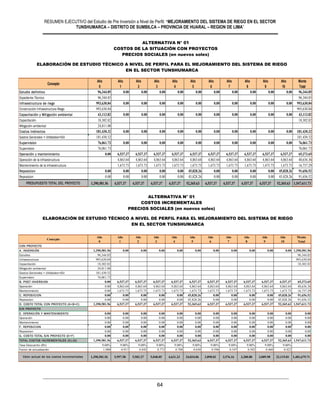 RESUMEN EJECUTIVO del Estudio de Pre Inversión a Nivel de Perfil: “MEJORAMIENTO DEL SISTEMA DE RIEGO EN EL SECTOR
TUNSHUMARCA – DISTRITO DE SUMBILCA – PROVINCIA DE HUARAL – REGION DE LIMA”
64
Año Año Año Año Año Año Año Año Año Año Año Monto
0 1 2 3 4 5 6 7 8 9 10 Total
Estudio definitivo 96,344.85 0.00 0.00 0.00 0.00 0.00 0.00 0.00 0.00 0.00 0.00 96,344.85
Expediente Técnico 96,344.85 96,344.85
Infraestructura de riego 993,630.84 0.00 0.00 0.00 0.00 0.00 0.00 0.00 0.00 0.00 0.00 993,630.84
Construcción Infraestructura Riego 993,630.84 993,630.84
Capacitación y Mitigación ambiental 43,113.82 0.00 0.00 0.00 0.00 0.00 0.00 0.00 0.00 0.00 0.00 43,113.82
Capacitación 18,302.82 18,302.82
Mitigación ambiental 24,811.00
Costos Indirectos 181,430.32 0.00 0.00 0.00 0.00 0.00 0.00 0.00 0.00 0.00 0.00 181,430.32
Gastos Generales + Utilidades+IGV 181,430.32 181,430.32
Supervision 76,061.73 0.00 0.00 0.00 0.00 0.00 0.00 0.00 0.00 0.00 0.00 76,061.73
Supervision 76,061.73 76,061.73
Operación y mantenimiento 0.00 6,537.37 6,537.37 6,537.37 6,537.37 6,537.37 6,537.37 6,537.37 6,537.37 6,537.37 6,537.37 65,373.65
Operación de la infraestructura 4,863.64 4,863.64 4,863.64 4,863.64 4,863.64 4,863.64 4,863.64 4,863.64 4,863.64 4,863.64 48,636.36
Mantenimiento de la infraestructura 1,673.73 1,673.73 1,673.73 1,673.73 1,673.73 1,673.73 1,673.73 1,673.73 1,673.73 1,673.73 16,737.29
Reposicion 0.00 0.00 0.00 0.00 0.00 45,828.26 0.00 0.00 0.00 0.00 45,828.26 91,656.52
Reposicion 0.00 0.00 0.00 0.00 0.00 45,828.26 0.00 0.00 0.00 0.00 45,828.26 91,656.52
PRESUPUESTO TOTAL DEL PROYECTO 1,390,581.56 6,537.37 6,537.37 6,537.37 6,537.37 52,365.63 6,537.37 6,537.37 6,537.37 6,537.37 52,365.63 1,547,611.73
COSTOS DE LA SITUACIÓN CON PROYECTO
PRECIOS SOCIALES (en nuevos soles)
ALTERNATIVA Nº 01
Concepto
PROYECTO : MEJORAMIENTO DEL SERVICIO DE AGUA PARA EL SISTEMA DE RIEGO DE TOMA A CUCURUHUAY EN EL CENTRO POBLADO DE MARCO, DEL DISTRITO DE HUAMANTANGA - CANTA
ALTERNATIVA N° 01
COSTOS DE LA SITUACIÓN CON PROYECTOS
PRECIOS SOCIALES (en nuevos soles)
VALOR NETO DE LA PRODUCCIÓN AGRICOLA CON PROYECTO
PRECIOS PRIVADOS (en nuevos soles)
ELABORACIÓN DE ESTUDIO TÉCNICO A NIVEL DE PERFIL PARA EL MEJORAMIENTO DEL SISTEMA DE RIEGO
EN EL SECTOR TUNSHUMARCA
ALTERNATIVA N° 01
COSTOS INCREMENTALES
PRECIOS SOCIALES (en nuevos soles)
VALOR NETO DE LA PRODUCCIÓN AGRICOLA CON PROYECTO
PRECIOS PRIVADOS (en nuevos soles)
ELABORACIÓN DE ESTUDIO TÉCNICO A NIVEL DE PERFIL PARA EL MEJORAMIENTO DEL SISTEMA DE RIEGO
EN EL SECTOR TUNSHUMARCA
Año Año Año Año Año Año Año Año Año Año Año Monto
0 1 2 3 4 5 6 7 8 9 10 Total
CON PROYECTO
A. INVERSIÓN 1,390,581.56 0.00 0.00 0.00 0.00 0.00 0.00 0.00 0.00 0.00 0.00 1,390,581.56
Estudios 96,344.85 96,344.85
Infraestructura 993,630.84 993,630.84
Capacitación 18,302.82 18,302.82
Mitigación ambiental 24,811.00
Gastos Generales + Utilidades+IGV 181,430.32
Supervision 76,061.73
B. POST INVERSION 0.00 6,537.37 6,537.37 6,537.37 6,537.37 6,537.37 6,537.37 6,537.37 6,537.37 6,537.37 6,537.37 65,373.65
Operación 0.00 4,863.64 4,863.64 4,863.64 4,863.64 4,863.64 4,863.64 4,863.64 4,863.64 4,863.64 4,863.64 48,636.36
Mantenimiento 0.00 1,673.73 1,673.73 1,673.73 1,673.73 1,673.73 1,673.73 1,673.73 1,673.73 1,673.73 1,673.73 16,737.29
C. REPOSICION 0.00 0.00 0.00 0.00 0.00 45,828.26 0.00 0.00 0.00 0.00 45,828.26 91,656.52
Reposicion 0.00 0.00 0.00 0.00 0.00 45,828.26 0.00 0.00 0.00 0.00 45,828.26 91,656.52
D. COSTO TOTAL CON PROYECTO (A+B+C) 1,390,581.56 6,537.37 6,537.37 6,537.37 6,537.37 52,365.63 6,537.37 6,537.37 6,537.37 6,537.37 52,365.63 1,547,611.73
SIN PROYECTO
E. OPERACIÓN Y MANTENIMIENTO 0.00 0.00 0.00 0.00 0.00 0.00 0.00 0.00 0.00 0.00 0.00 0.00
Operación 0.00 0.00 0.00 0.00 0.00 0.00 0.00 0.00 0.00 0.00 0.00 0.00
Mantenimiento 0.00 0.00 0.00 0.00 0.00 0.00 0.00 0.00 0.00 0.00 0.00 0.00
F. REPOSICION 0.00 0.00 0.00 0.00 0.00 0.00 0.00 0.00 0.00 0.00 0.00 0.00
Reposicion 0.00 0.00 0.00 0.00 0.00 0.00 0.00 0.00 0.00 0.00 0.00 0.00
G. COSTO TOTAL SIN PROYECTO (E+F) 0.00 0.00 0.00 0.00 0.00 0.00 0.00 0.00 0.00 0.00 0.00 0.00
TOTAL COSTOS INCREMENTALES (D)-(G) 1,390,581.56 6,537.37 6,537.37 6,537.37 6,537.37 52,365.63 6,537.37 6,537.37 6,537.37 6,537.37 52,365.63 1,547,611.73
Tasa Descuento (9%) 9.00% 9.00% 9.00% 9.00% 9.00% 9.00% 9.00% 9.00% 9.00% 9.00% 9.00%
Factor de actualización 1.000 0.917 0.842 0.772 0.708 0.650 0.596 0.547 0.502 0.460 0.422
Valor actual de los costos incrementales 1,390,581.56 5,997.58 5,502.37 5,048.05 4,631.23 34,034.06 3,898.02 3,576.16 3,280.88 3,009.98 22,119.81 1,481,679.71
PRECIOS SOCIALES (en nuevos soles)
PROYECTO : MEJORAMIENTO DEL SERVICIO DE AGUA PARA EL SISTEMA DE RIEGO DE TOMA A CUCURUHUAY EN EL CENTRO POBLADO DE MARCO, DEL DISTRITO DE HUAMANTANGA - CANTA
ALTERNATIVA Nº 01
Concepto
COSTOS INCREMENTALES
 