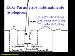 ECG Parámetros habitualmente 
      fisiológicos: 
                        PR: entre 0,12­0,20 seg 
                        QRS: menor de 0,12 seg 
                        QTc: menor de 0,43 seg




www.reeme.arizona.edu
 