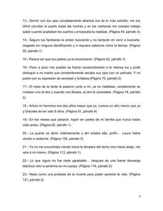 13.- Dormir con los ojos completamente abiertos era de lo más extraño; me era
difícil conciliar el sueño todas las noches y en las mañanas me costaba trabajo
saber cuando acababan los sueños y empezaba la realidad. (Página 44, párrafo 4)

14.- Seguro tus familiares te andan buscando y no tardarán en venir a buscarte.
Llegaste sin ninguna identificación y ni siquiera sabemos cómo te llamas. (Página
50, párrafo 1)

15.- Parece ser que tus padres ya te encontraron. (Página 62, párrafo 1)

16.- Poco a poco mis pupilas se fueron acostumbrando a la intensa luz y pude
distinguir a mi madre que constantemente secaba sus ojos con un pañuelo. Y mi
padre con su expresión de seriedad y fortaleza.(Página 70, párrafo 2)

17.- El resto de la tarde la pasaron junto a mí, ya no hablaban, simplemente se
miraban uno al otro y cuando uno lloraba, el otro lo consolaba. (Página 78, párrafo
3)

18.- Arturo mi hermano era dos años mayor que yo, Lorena un año menor que yo
y Graciela de tan sólo 8 años. (Página 91, párrafo 4)

19.- En los meses que pasaron, logré ver partes de mi familia que nunca había
visto antes. (Página 92, párrafo 1)

20.- La puerta se abrió violentamente y ahí estaba ella, porfin… Laura había
venido a visitarme. (Página 105, párrafo 3)

21.- Ya no me encontraba viendo hacia la lámpara del techo sino hacia abajo, me
veía a mi mismo. (Página 113, párrafo 1)

22.- Lo que siguió no fue nada agradable… después de una fuerte descarga
eléctrica volví a sentirme en mi cuerpo. (Página 116, párrafo 2)

23.- Nada como una probada de la muerte para poder apreciar la vida. (Página
121, párrafo 2)




                                                                                  3
 