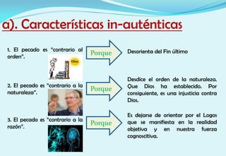 a). Características in-auténticas
Porque
Porque
Porque Desorienta del Fin último
Desdice el orden de la naturaleza.
Que Dios ha establecido. Por
consiguiente, es una injusticia contra
Dios.
Es dejarse de orientar por el Logos
que se manifiesta en la realidad
objetiva y en nuestra fuerza
cognoscitiva.
1. El pecado es “contrario al
orden”.
2. El pecado es “contrario a la
naturaleza”.
3. El pecado es “contrario a la
razón”.
 