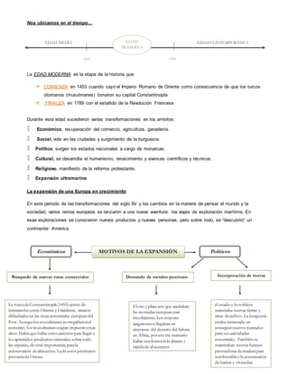 Nos ubicamos en el tiempo...
La EDAD MODERNA es la etapa de la historia que:
 COMIENZA en 1453 cuando cayó el Imperio Romano de Oriente como consecuencia de que los turcos
otomanos (musulmanes) tomaron su capital Constantinopla
 FINALIZA en 1789 con el estallido de la Revolución Francesa
Durante esta edad sucedieron varias transformaciones en los ambitos:
 Económico, recuperación del comercio, agricultura, ganadería.
 Social, vida en las ciudades y surgimiento de la burguesía.
Político, surgen los estados nacionales a cargo de monarcas.
Cultural, se desarrolla el humanismo, renacimiento y avances científicos y técnicos.
Religioso, manifiesto de la reforma protestante.
Expansión ultramarina
La expansión de una Europa en crecimiento
En este periodo de las transformaciones del siglo XV y los cambios en la manera de pensar el mundo y la
sociedad, varios reinos europeos se lanzaron a una nueva aventura: los viajes de exploración marítima. En
esas exploraciones se conocieron nuevos productos y nuevas personas, pero sobre todo, se “descubrió” un
continente: América.
EDAD CONTEMPORÁNEAEDAD MEDIA EDAD
MODERNA
1453 1789
MOTIVOS DE LA EXPANSIÓNEconómicos
Búsqueda de nuevas rutas comerciales
La tomadeConstantinopla(1453) centro de
intercambio entre Oriente y Occidente, crearon
dificultades en las rutas comerciales europeas del
Este. Aunquelos musulmanes no impidieronel
comercio, los musulmanes exigían impuestosmás
altos. Habíaque hallar otros caminos para llegar a
los apreciados productos orientales, sobre todo
las especias, de vital importancia, parala
conservación dealimentos. Lade estos productos
proveníade Oriente
Incorporación de tierrasDemanda de metales preciosos
El oro y plata con que acuñaban
las monedas europeas eran
insuficientes. Los mayores
cargamentos llegaban en
caravanas del desierto del Sahara
en África, poreso era necesario
hallar unaformamás directa y
rápidade abastecerse.
el estado y la nobleza
necesitaba nuevas tierras y
áreas decultivo. La burguesía
estaba interesada en
conseguirnuevos mercados
para sus actividades
comerciales. También se
necesitaban nuevas fuentes
proveedoras demaderapara
combustibleyla construcción
de barcos y viviendas.
Políticos
 