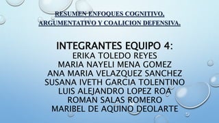 INTEGRANTES EQUIPO 4:
ERIKA TOLEDO REYES
MARIA NAYELI MENA GOMEZ
ANA MARIA VELAZQUEZ SANCHEZ
SUSANA IVETH GARCIA TOLENTINO
LUIS ALEJANDRO LOPEZ ROA
ROMAN SALAS ROMERO
MARIBEL DE AQUINO DEOLARTE
RESUMEN ENFOQUES COGNITIVO,
ARGUMENTATIVO Y COALICION DEFENSIVA.
 