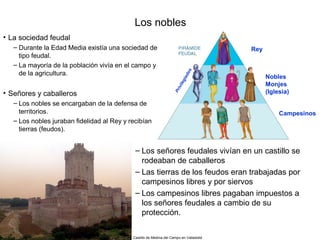 Los nobles
• La sociedad feudal
   – Durante la Edad Media existía una sociedad de                                       Rey
     tipo feudal.
   – La mayoría de la población vivía en el campo y




                                                                            os
     de la agricultura.
                                                                                               Nobles




                                                                         iad
                                                                       leg
                                                                                               Monjes




                                                                      ivi
• Señores y caballeros                                                                         (Iglesia)




                                                                    Pr
   – Los nobles se encargaban de la defensa de
     territorios.                                                                                   Campesinos
   – Los nobles juraban fidelidad al Rey y recibían
     tierras (feudos).


                                             – Los señores feudales vivían en un castillo se
                                               rodeaban de caballeros
                                             – Las tierras de los feudos eran trabajadas por
                                               campesinos libres y por siervos
                                             – Los campesinos libres pagaban impuestos a
                                               los señores feudales a cambio de su
                                               protección.

                                            Castillo de Medina del Campo en Valladolid
 