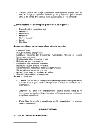  Se descubrió que para cumplir con nuestras tareas debemos emplear cerca del
80% del tiempo, la experiencia confirma que las personas se gastan del otro
20%, el 3% fijando direcciones a dónde quiere llegar y el 17% planeando.
¿Cómo empezar a ser creativo para generar ideas de negocios?
 Encuentre otras maneras de uso
 Adaptación
 Modificación
 Magnificar
 Reducir subsistir
 Invertir
 Combinar
Sugerencias básicas para el desarrollo de ideas de negocios
 Coleccione ideas
 Involucre la familia en el proceso
 Establezca relaciones con empresarios, inversionistas, hombres de negocio,
banqueros e inventores.
 Combine viejas ideas en nuevas formas
 Reúna tecnologías con mercados
 Mejore productos o servicios existentes
 Reúna una solución con una necesidad
 Sea constante en trabajar sus ideas hacia oportunidades
 Busque aplicaciones nuevas de lo viejo
 Aproveche sus viajes y/o reuniones y/o visitas
 Sea crítico de sus ideas, no se enamore
Ruta de la creatividad
 Tiempo: Con frecuencia se requiere tiempo extra para desarrollar y vender una
solución creativa que no esta contemplada en la cultura del individuo o de la
organización.
 Ambiente: Es difícil ser verdaderamente creativo cuando usted se ve
interrumpido constantemente por llamadas telefónicas, preguntas o niños que
molestan a su alrededor.
 Éxito: Nada llama más la atención que recibir reconocimiento por nuestras
soluciones creativas.
GUIAS DE TRABAJO
MATRIZ DE “ARENA COMPETITIVA”1
 