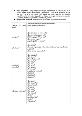  Haga Preguntas : Pregunte por que surgió el problema no solo una vez si no
varias veces así encontrar varias causas que lo pudieron ocasionar no se
que con una si no varias así sabrá que está fallando en realidad,
probablemente la mejor solución es hacer un mapa menta con preguntas
¿Cómo?, ¿Por qué?, ¿Cuándo?, Dónde? Y ¿Quién?
 Imaginación aplicada: Realicé un afiche con los siguientes parámetros
¿Aplicar a otros
usos?
¿Nuevas maneras de usarlo tal como esta?
¿Otros usos si se modifica?
¿Adaptar?
¿Qué otra cosa es como esta?
¿Qué otra idea sugiere esto?
¿Había algo paralelo antes?
¿Qué podría copiar?
¿A quién podría yo emular?
¿Modificar?
¿Nuevo giro?
¿Cambiar significado, color, movimiento, sonido, olor, forma,
¿aspecto?
¿Otras formas o aspectos?
¿Agrandar,
aumentar?
¿Qué agregar?
¿Más tiempo?
¿Mayor frecuencia?
¿Más fuerte?
¿Más alto?
¿Más largo?
¿Más grueso?
¿Mayor valor?
¿Ingrediente adicional?
¿Duplicar?
¿Multiplicar?
¿Exagerar?
¿Reducir, minimizar?
¿Qué quitar?
¿Más pequeño?
¿Condensado?
¿Miniatura?
¿Más bajo?
¿Más corto?
¿Más liviano?
¿Omitir?
¿Aerodinámico?
¿Dividir?
¿Subestimar?
 