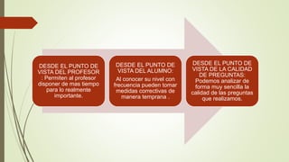 DESDE EL PUNTO DE
VISTA DEL PROFESOR
: Permiten al profesor
disponer de mas tiempo
para lo realmente
importante.
DESDE EL PUNTO DE
VISTA DEL ALUMNO:
Al conocer su nivel con
frecuencia pueden tomar
medidas correctivas de
manera temprana .
DESDE EL PUNTO DE
VISTA DE LA CALIDAD
DE PREGUNTAS:
Podemos analizar de
forma muy sencilla la
calidad de las preguntas
que realizamos.
 