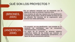 • Es un esfuerzo temporal que se emprende con el
objetivo de crear un producto o servicio único.
• Una iniciativa de este tipo requiere de una planificación,
orientada al largo plazo, donde se diseñe el modo en que
se utilizarán los recursos de la organización para
alcanzar las metas planteadas.
(BRIONES,
2005)
• Un proyecto es una planificación que consiste en un
conjunto de actividades que se encuentran
interrelacionadas y coordinadas.
• La razón de un proyecto es alcanzar objetivos
específicos dentro de los límites que imponen un
presupuesto, calidades establecidas previamente y un
lapso de tiempo previamente definido.
(ANDERSON,
2008)
QUÉ SON LOS PROYECTOS ?
 