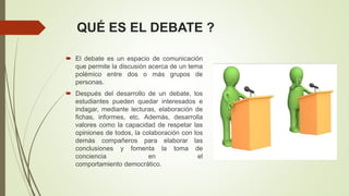 QUÉ ES EL DEBATE ?
 El debate es un espacio de comunicación
que permite la discusión acerca de un tema
polémico entre dos o más grupos de
personas.
 Después del desarrollo de un debate, los
estudiantes pueden quedar interesados e
indagar, mediante lecturas, elaboración de
fichas, informes, etc. Además, desarrolla
valores como la capacidad de respetar las
opiniones de todos, la colaboración con los
demás compañeros para elaborar las
conclusiones y fomenta la toma de
conciencia en el
comportamiento democrático.
 
