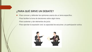 ¿PARA QUÉ SIRVE UN DEBATE?
 -Para conocer y defender las opiniones acerca de un tema específico.
-Para facilitar la toma de decisiones sobre algún tema.
-Para sustentar y dar elementos de juicio.
-Para ejercitar la expresión oral, la capacidad de escuchar y la participación activa.
 