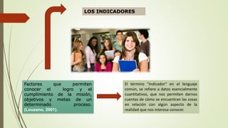 Factores que permiten
conocer el logro y el
cumplimiento de la misión,
objetivos y metas de un
determinado proceso.
(Louzano, 2001).
LOS INDICADORES
El término "Indicador" en el lenguaje
común, se refiere a datos esencialmente
cuantitativos, que nos permiten darnos
cuentas de cómo se encuentran las cosas
en relación con algún aspecto de la
realidad que nos interesa conocer.
 