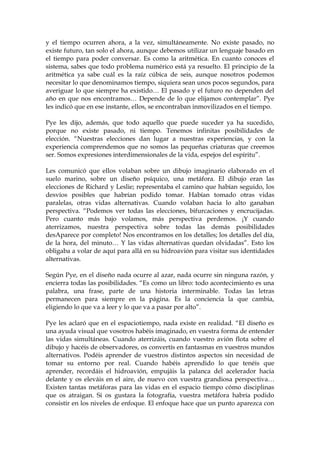 y el tiempo ocurren ahora, a la vez, simultáneamente. No existe pasado, no
existe futuro, tan solo el ahora, aunque debemos utilizar un lenguaje basado en
el tiempo para poder conversar. Es como la aritmética. En cuanto conoces el
sistema, sabes que todo problema numérico está ya resuelto. El principio de la
aritmética ya sabe cuál es la raíz cúbica de seis, aunque nosotros podemos
necesitar lo que denominamos tiempo, siquiera sean unos pocos segundos, para
averiguar lo que siempre ha existido… El pasado y el futuro no dependen del
año en que nos encontramos… Depende de lo que elijamos contemplar”. Pye
les indicó que en ese instante, ellos, se encontraban inmovilizados en el tiempo.
Pye les dijo, además, que todo aquello que puede suceder ya ha sucedido,
porque no existe pasado, ni tiempo. Tenemos infinitas posibilidades de
elección. “Nuestras elecciones dan lugar a nuestras experiencias, y con la
experiencia comprendemos que no somos las pequeñas criaturas que creemos
ser. Somos expresiones interdimensionales de la vida, espejos del espíritu”.
Les comunicó que ellos volaban sobre un dibujo imaginario elaborado en el
suelo marino, sobre un diseño psíquico, una metáfora. El dibujo eran las
elecciones de Richard y Leslie; representaba el camino que habían seguido, los
desvíos posibles que habrían podido tomar. Habían tomado otras vidas
paralelas, otras vidas alternativas. Cuando volaban hacia lo alto ganaban
perspectiva. “Podemos ver todas las elecciones, bifurcaciones y encrucijadas.
Pero cuanto más bajo volamos, más perspectiva perdemos. ¡Y cuando
aterrizamos, nuestra perspectiva sobre todas las demás posibilidades
desAparece por completo! Nos encontramos en los detalles; los detalles del día,
de la hora, del minuto… Y las vidas alternativas quedan olvidadas”. Esto los
obligaba a volar de aquí para allá en su hidroavión para visitar sus identidades
alternativas.
Según Pye, en el diseño nada ocurre al azar, nada ocurre sin ninguna razón, y
encierra todas las posibilidades. “Es como un libro: todo acontecimiento es una
palabra, una frase, parte de una historia interminable. Todas las letras
permanecen para siempre en la página. Es la conciencia la que cambia,
eligiendo lo que va a leer y lo que va a pasar por alto”.
Pye les aclaró que en el espaciotiempo, nada existe en realidad. “El diseño es
una ayuda visual que vosotros habéis imaginado, en vuestra forma de entender
las vidas simultáneas. Cuando aterrizáis, cuando vuestro avión flota sobre el
dibujo y hacéis de observadores, os convertís en fantasmas en vuestros mundos
alternativos. Podéis aprender de vuestros distintos aspectos sin necesidad de
tomar su entorno por real. Cuando habéis aprendido lo que tenéis que
aprender, recordáis el hidroavión, empujáis la palanca del acelerador hacia
delante y os eleváis en el aire, de nuevo con vuestra grandiosa perspectiva…
Existen tantas metáforas para las vidas en el espacio tiempo cómo disciplinas
que os atraigan. Si os gustara la fotografía, vuestra metáfora habría podido
consistir en los niveles de enfoque. El enfoque hace que un punto aparezca con
 