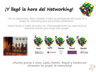 Tras las exposiciones, hemos dividido a todos los participantes del evento en 5
grupos de networking para que pudiesen presentarse…
Hemos tenido la suerte de contar con #Dinamizadores4x4 con experiencia en
anteriores eventos para dirigir estos grupos…
¡Muchas gracias a Inma, Lydia, Ramón, Raquel y Sandra por
dinamizar los grupos de networking!
¡Y llegó la hora del Networking!
 