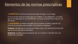 Elementos de las normas prescriptivas
1) CARÁCTER: la norma se da para que algo se haga o no se haga.
Si es en el caso de que se haga algo es un deber o una obligación, si es para
que no se haga algo es una prohibición, si es que se puede hacer algo es una
permisión.
2) CONTENIDO: se refiere a aquello que se manda, prohíbe o permite. Se
trata de las acciones, estas pueden ser positivas o negativas.
Positivas: aquella que se produce por hacer o por una intervención activa del
agente en el curso de la naturaleza.
Negativas: aquellas que se producen por un no hacer o más bien por una
abstención u omisión.
 