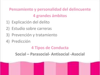Pensamiento y personalidad del delincuente4 grandes ámbitosExplicación del delitoEstudio sobre carrerasPrevención y tratamientoPredicción4 Tipos de ConductaSocial – Parasocial- Antisocial -Asocial