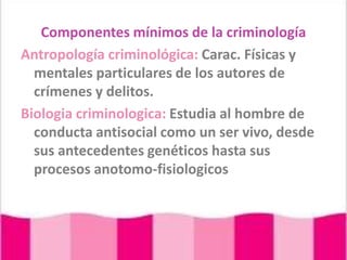 Componentes mínimos de la criminologíaAntropología criminológica: Carac. Físicas y mentales particulares de los autores de crímenes y delitos.Biologiacriminologica: Estudia al hombre de conducta antisocial como un ser vivo, desde sus antecedentes genéticos hasta sus procesos anotomo-fisiologicos