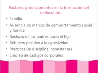 Factores predisponentes en la formación del delincuenteFamiliaAusencia de marcos de comportamiento social y familiarRechazo de los padres hacia el hijoRefuerzo positivo a la agresividadPracticas De disciplina inconstantesEmpleo de castigos corporales