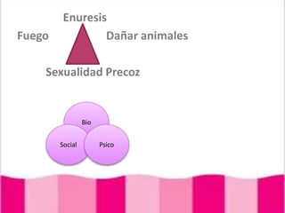 EnuresisFuego                    Dañar animalesSexualidad PrecozBioSocialPsico