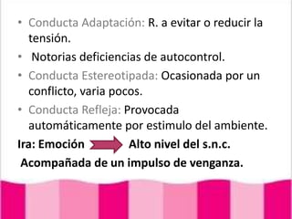 Conducta Adaptación: R. a evitar o reducir la tensión.Notorias deficiencias de autocontrol.Conducta Estereotipada: Ocasionada por un conflicto, varia pocos.Conducta Refleja: Provocada automáticamente por estimulo del ambiente.Ira: Emoción               Alto nivel del s.n.c. Acompañada de un impulso de venganza.