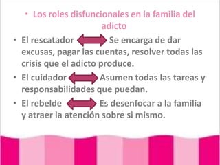 Los roles disfuncionales en la familia del adictoEl rescatador                Se encarga de dar excusas, pagar las cuentas, resolver todas las crisis que el adicto produce.El cuidador               Asumen todas las tareas y responsabilidades que puedan.El rebelde                 Es desenfocar a la familia y atraer la atención sobre si mismo.