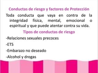 Conductas de riesgo y factores de ProtecciónToda conducta que vaya en contra de la integridad física, mental, emocional o espiritual y que puede atentar contra su vida.Tipos de conductas de riesgo-Relaciones sexuales precoces-ETS-Embarazo no deseado-Alcohol y drogas