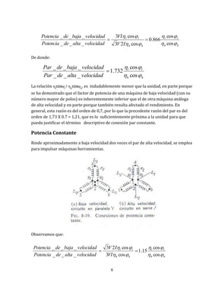 6
De donde:
La relación l
cosl
/ h
cosh
, es indudablemente menor que la unidad, en parte porque
se ha demostrado que el factor de potencia de una máquina de baja velocidad (con su
número mayor de polos) es inherentemente inferior que el de otra máquina análoga
de alta velocidad y en parte porque también resulta afectado el rendimiento. En
general, esta razón es del orden de 0,7, por lo que la precedente razón del par es del
orden de 1,73 X 0.7 = 1,21, que es lo suficientemente próxima a la unidad para que
pueda justificar el término descriptivo de conexión par constante.
Potencia Constante
Rinde aproximadamente a baja velocidad dos veces el par de alta velocidad, se emplea
para impulsar máquinas herramientas.
Observamos que:
hh
ll
hh
ll
IV
VI
velocidadaltadePotencia
velocidadbajadePotencia




cos
cos
866.0
cos23
cos3
___
___

hh
ll
velocidadaltadePar
velocidadbajadePar


cos
cos
732.1
___
___

hh
ll
hh
ll
VI
IV
velocidadaltadePotencia
velocidadbajadePotencia




cos
cos
15.1
cos3
cos23
___
___

 