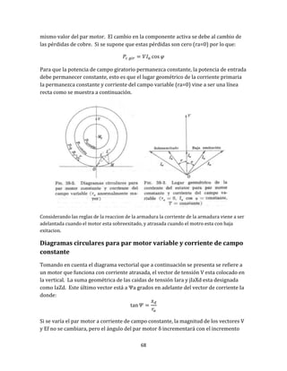 68
mismo valor del par motor. El cambio en la componente activa se debe al cambio de
las pérdidas de cobre. Si se supone que estas pérdidas son cero (ra=0) por lo que:
Para que la potencia de campo giratorio permanezca constante, la potencia de entrada
debe permanecer constante, esto es que el lugar geométrico de la corriente primaria
Ia permanezca constante y corriente del campo variable (ra=0) vine a ser una línea
recta como se muestra a continuación.
Considerando las reglas de la reaccion de la armadura la corriente de la armadura viene a ser
adelantada cuando el motor esta sobreexitado, y atrasada cuando el motro esta con baja
exitacion.
Diagramas circulares para par motor variable y corriente de campo
constante
Tomando en cuenta el diagrama vectorial que a continuación se presenta se refiere a
un motor que funciona con corriente atrasada, el vector de tensión V esta colocado en
la vertical. La suma geométrica de las caidas de tensión Iara y jIaXd esta designada
como IaZd. Este último vector está a Ψa grados en adelante del vector de corriente Ia
donde:
Si se varía el par motor a corriente de campo constante, la magnitud de los vectores V
y Ef no se cambiara, pero el ángulo del par motor δ incrementará con el incremento
 
