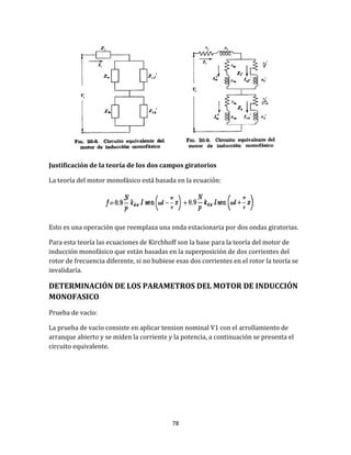 78
Justificación de la teoría de los dos campos giratorios
La teoría del motor monofásico está basada en la ecuación:
Esto es una operación que reemplaza una onda estacionaria por dos ondas giratorias.
Para esta teoría las ecuaciones de Kirchhoff son la base para la teoría del motor de
inducción monofásico que están basadas en la superposición de dos corrientes del
rotor de frecuencia diferente, si no hubiese esas dos corrientes en el rotor la teoría se
invalidaría.
DETERMINACIÓN DE LOS PARAMETROS DEL MOTOR DE INDUCCIÓN
MONOFASICO
Prueba de vacío:
La prueba de vacío consiste en aplicar tension nominal V1 con el arrollamiento de
arranque abierto y se miden la corriente y la potencia, a continuación se presenta el
circuito equivalente.
 