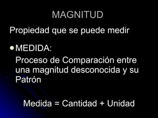 MAGNITUD   Propiedad que se puede medir MEDIDA: Proceso de Comparación entre una magnitud desconocida y su Patrón Medida = Cantidad + Unidad 
