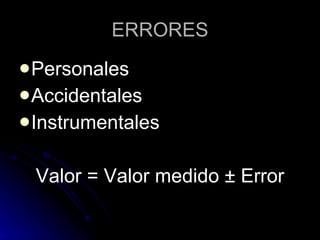 ERRORES Personales Accidentales Instrumentales Valor = Valor medido ± Error 
