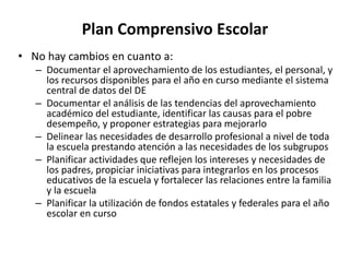 Plan Comprensivo Escolar
• No hay cambios en cuanto a:
– Documentar el aprovechamiento de los estudiantes, el personal, y
los recursos disponibles para el año en curso mediante el sistema
central de datos del DE
– Documentar el análisis de las tendencias del aprovechamiento
académico del estudiante, identificar las causas para el pobre
desempeño, y proponer estrategias para mejorarlo
– Delinear las necesidades de desarrollo profesional a nivel de toda
la escuela prestando atención a las necesidades de los subgrupos
– Planificar actividades que reflejen los intereses y necesidades de
los padres, propiciar iniciativas para integrarlos en los procesos
educativos de la escuela y fortalecer las relaciones entre la familia
y la escuela
– Planificar la utilización de fondos estatales y federales para el año
escolar en curso
 