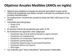 Objetivos Anuales Medibles (AMOs en inglés)
• Objetivo que establece el estado anualmente para definir el por ciento
mínimo de estudiantes que deben cumplir o exceder los estándares en las
pruebas estandarizadas.
• Se establecieron inicialmente usando los datos del 2011-2012 para la isla
entera
• Calculados para dos grupos
– Grado 3 al 8
– Grado 11
• El número mínimo de estudiantes por salón es 30
• Se mantienen los siguientes siete subgrupos
– Estudiantes bajo nivel de pobreza (basado en ingreso familiar)
– Estudiantes con impedimentos
– Estudiantes con limitaciones lingüísticas en español (LLE)
– Estudiantes puertorriqueños
– Estudiantes Hispanos (que no sean puertorriqueños)
– Estudiantes blancos no hispanos
– Otro origen
• Los umbrales para “otros indicadores” permanecen inalterados
 