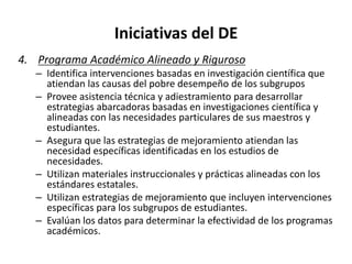 Iniciativas del DE
4. Programa Académico Alineado y Riguroso
– Identifica intervenciones basadas en investigación científica que
atiendan las causas del pobre desempeño de los subgrupos
– Provee asistencia técnica y adiestramiento para desarrollar
estrategias abarcadoras basadas en investigaciones científica y
alineadas con las necesidades particulares de sus maestros y
estudiantes.
– Asegura que las estrategias de mejoramiento atiendan las
necesidad específicas identificadas en los estudios de
necesidades.
– Utilizan materiales instruccionales y prácticas alineadas con los
estándares estatales.
– Utilizan estrategias de mejoramiento que incluyen intervenciones
específicas para los subgrupos de estudiantes.
– Evalúan los datos para determinar la efectividad de los programas
académicos.
 