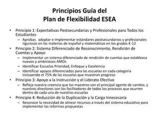 Principios Guía del
Plan de Flexibilidad ESEA
• Principio 1: Expectativas Postsecundarias y Profesionales para Todos los
Estudiantes
– Aprobar, adoptar e implementar estándares postsecundarios y profesionales
rigurosos en las materias de español y matemáticas en los grados K-12
• Principio 2: Sistema Diferenciado de Reconocimiento, Rendición de
Cuentas y Apoyo
– Implementar un sistema diferenciado de rendición de cuentas que establezca
nuevos y ambiciosos AMOs
– Identificar Escuelas Prioridad, Enfoque y Excelencia
– Identificar apoyos diferenciados para las escuelas en cada categoría
incluyendo el 75% de las escuelas que muestran progreso
• Principio 3: Apoyo a la Instrucción y el Liderato Efectivo
– Refleja nuestra creencia que los maestros son el principal agente de cambio, y
nuestros directores son los facilitadores de todos los procesos que ocurren
dentro de cada una de nuestras escuelas
• Principio 4: Reducción de la Duplicación y la Carga Innecesaria
– Reconoce la necesidad de alinear recursos a través del sistema educativo para
implementar las reformas propuestas
 