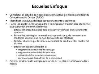 Escuelas Enfoque
• Completar el estudio de necesidades exhaustivo del Florida and Islands
Comprehensive Center (FLICC)
• Identificar las causas del bajo aprovechamiento académico
• Hacer los ajustes necesarios al Plan Comprensivo Escolar para atender el
bajo aprovechamiento académico
– Establecer procedimientos para evaluar y evidenciar el mejoramiento
continuo
– Evaluar las estrategias de enseñanza-aprendizaje y, de ser necesario,
modificar aquellas que no han demostrado ser efectivas
– Detallar el apoyo que la escuela necesitará de los diferentes niveles del
sistema
– Establecer acciones dirigidas a:
• mejoramiento de calidad del liderazgo
• mejoramiento de calidad del educador
• utilización de los materiales curriculares
• participación de los padres y de la comunidad
• Proveer evidencia de la implementación de su plan de acción cada tres
meses
 