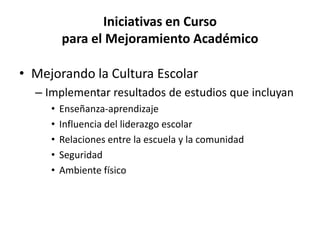 Iniciativas en Curso
para el Mejoramiento Académico
• Mejorando la Cultura Escolar
– Implementar resultados de estudios que incluyan
• Enseñanza-aprendizaje
• Influencia del liderazgo escolar
• Relaciones entre la escuela y la comunidad
• Seguridad
• Ambiente físico
 