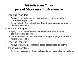 Iniciativas en Curso
para el Mejoramiento Académico
• Escuelas Prioridad
– Apoyo de «coaches» en el salón de clases para atender
contenidos específicos
– Desarrollo de Comunidades de Práctica para apoyar cambios a
nivel de la escuela.
• Escuelas Enfoque
– Apoyo de «coaches» en el salón de clases para atender
contenidos específicos
– Desarrollo de Comunidades de Práctica para apoyar cambios a
nivel de la escuela.
• Escuelas Progreso
– Apoyo intensivo de los facilitadores académicos de distrito
• Todos los maestros
– Acceso a recursos en línea, incluyendo los materiales curriculares
 