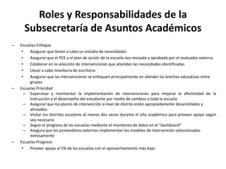 Roles y Responsabilidades de la
Subsecretaría de Asuntos Académicos
– Escuelas Enfoque
• Asegurar que lleven a cabo un estudio de necesidades
• Asegurar que el PCE y el plan de acción de la escuela sea revisado y aprobado por el evaluador externo
• Colaborar en la selección de intervenciones que atiendan las necesidades identificadas
• Llevar a cabo monitoria de escritorio
• Asegurar que las intervenciones se enfoquen principalmente en atender las brechas educativas entre
grupos
– Escuelas Prioridad
– Supervisar y monitorear la implementación de intervenciones para mejorar la efectividad de la
instrucción y el desempeño del estudiante por medio de cambios a toda la escuela
– Asegurar que los planes de intervención a nivel de distrito estén apropiadamente desarrollados y
alineados
– Visitar los distritos escolares al menos dos veces durante el año académico para proveer apoyo según
sea necesario
– Seguir el progreso de las escuelas mediante el monitoreo de datos en el “dashboard”
– Asegura que los proveedores externos implementan los modelos de intervención seleccionados
exitosamente
– Escuelas Progreso
• Proveer apoyo al 5% de las escuelas con el aprovechamiento más bajo
 