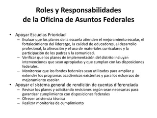 Roles y Responsabilidades
de la Oficina de Asuntos Federales
• Apoyar Escuelas Prioridad
– Evaluar que los planes de la escuela atienden el mejoramiento escolar, el
fortalecimiento del liderazgo, la calidad de educadores, el desarrollo
profesional, la alineación y el uso de materiales curriculares y la
participación de los padres y la comunidad.
– Verificar que los planes de implementación del distrito incluyan
intervenciones que sean apropiadas y que cumplan con las disposiciones
federales.
– Monitorear que los fondos federales sean utilizados para ampliar y
extender los programas académicos existentes y para los esfuerzos de
mejoramiento escolar.
• Apoyar el sistema general de rendición de cuentas diferenciada
– Revisar los planes y solicitando revisiones según sean necesarias para
garantizar cumplimiento con disposiciones federales
– Ofrecer asistencia técnica
– Realizar monitorias de cumplimiento
 