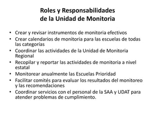 Roles y Responsabilidades
de la Unidad de Monitoria
• Crear y revisar instrumentos de monitoria efectivos
• Crear calendarios de monitoria para las escuelas de todas
las categorías
• Coordinar las actividades de la Unidad de Monitoria
Regional
• Recopilar y reportar las actividades de monitoria a nivel
estatal
• Monitorear anualmente las Escuelas Prioridad
• Facilitar comités para evaluar los resultados del monitoreo
y las recomendaciones
• Coordinar servicios con el personal de la SAA y UDAT para
atender problemas de cumplimiento.
 