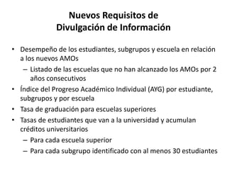 Nuevos Requisitos de
Divulgación de Información
• Desempeño de los estudiantes, subgrupos y escuela en relación
a los nuevos AMOs
– Listado de las escuelas que no han alcanzado los AMOs por 2
años consecutivos
• Índice del Progreso Académico Individual (AYG) por estudiante,
subgrupos y por escuela
• Tasa de graduación para escuelas superiores
• Tasas de estudiantes que van a la universidad y acumulan
créditos universitarios
– Para cada escuela superior
– Para cada subgrupo identificado con al menos 30 estudiantes
 