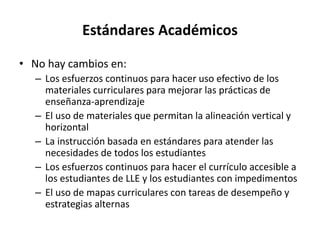 Estándares Académicos
• No hay cambios en:
– Los esfuerzos continuos para hacer uso efectivo de los
materiales curriculares para mejorar las prácticas de
enseñanza-aprendizaje
– El uso de materiales que permitan la alineación vertical y
horizontal
– La instrucción basada en estándares para atender las
necesidades de todos los estudiantes
– Los esfuerzos continuos para hacer el currículo accesible a
los estudiantes de LLE y los estudiantes con impedimentos
– El uso de mapas curriculares con tareas de desempeño y
estrategias alternas
 