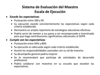 Sistema de Evaluación del Maestro
Escala de Ejecución
 Excede las expectativas
 Puntuación entre 100 y 95
 Su ejecución excede consistentemente las expectativas según cada
criterio establecido.
 Demuestra un amplio repertorio de estrategias educativas efectivas.
 Podría servir de mentor a sus pares o ser recompensado e incentivado
para que haga contribuciones significativas adicionales al DEPR.
 Cumple con las expectativas
 Puntuación entre 94% y 80%
 Su ejecución es adecuada según cada criterio establecido.
 Asume las responsabilidades asociadas con su rol de maestro.
 Su desempeño general podría mejorar
 Se le recomendará que participe de actividades de desarrollo
profesional.
 Podría colaborar con maestros en su escuela que excedan las
expectativas.
 
