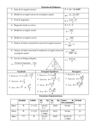 - Fórmulas de Polígonos
1. Suma de los ángulos internos 𝑆 = (𝑛 – 2) 180°.
2. Medida de un ángulo interno de un polígono r...