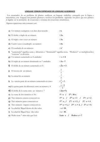 LENGUAJE COMUN EXPRESADO EN LENGUAJE ALGEBRAICO
Los enunciados de un problema de planteo conllevan un lenguaje simbólico e...