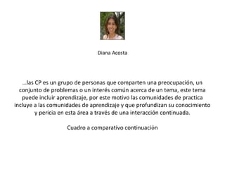 Diana Acosta




   …las CP es un grupo de personas que comparten una preocupación, un
  conjunto de problemas o un interés común acerca de un tema, este tema
   puede incluir aprendizaje, por este motivo las comunidades de practica
incluye a las comunidades de aprendizaje y que profundizan su conocimiento
        y pericia en esta área a través de una interacción continuada.

                   Cuadro a comparativo continuación
 
